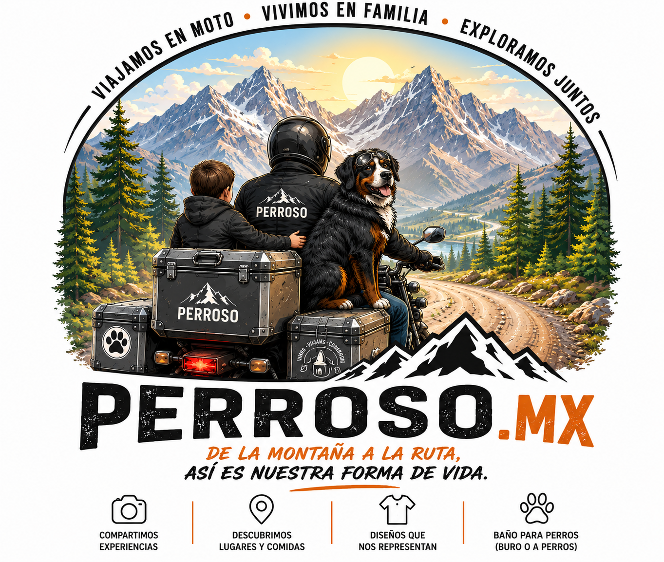 Primer bosquejo de la identidad de Perroso.mx con la familia, Wisky y la motocicleta