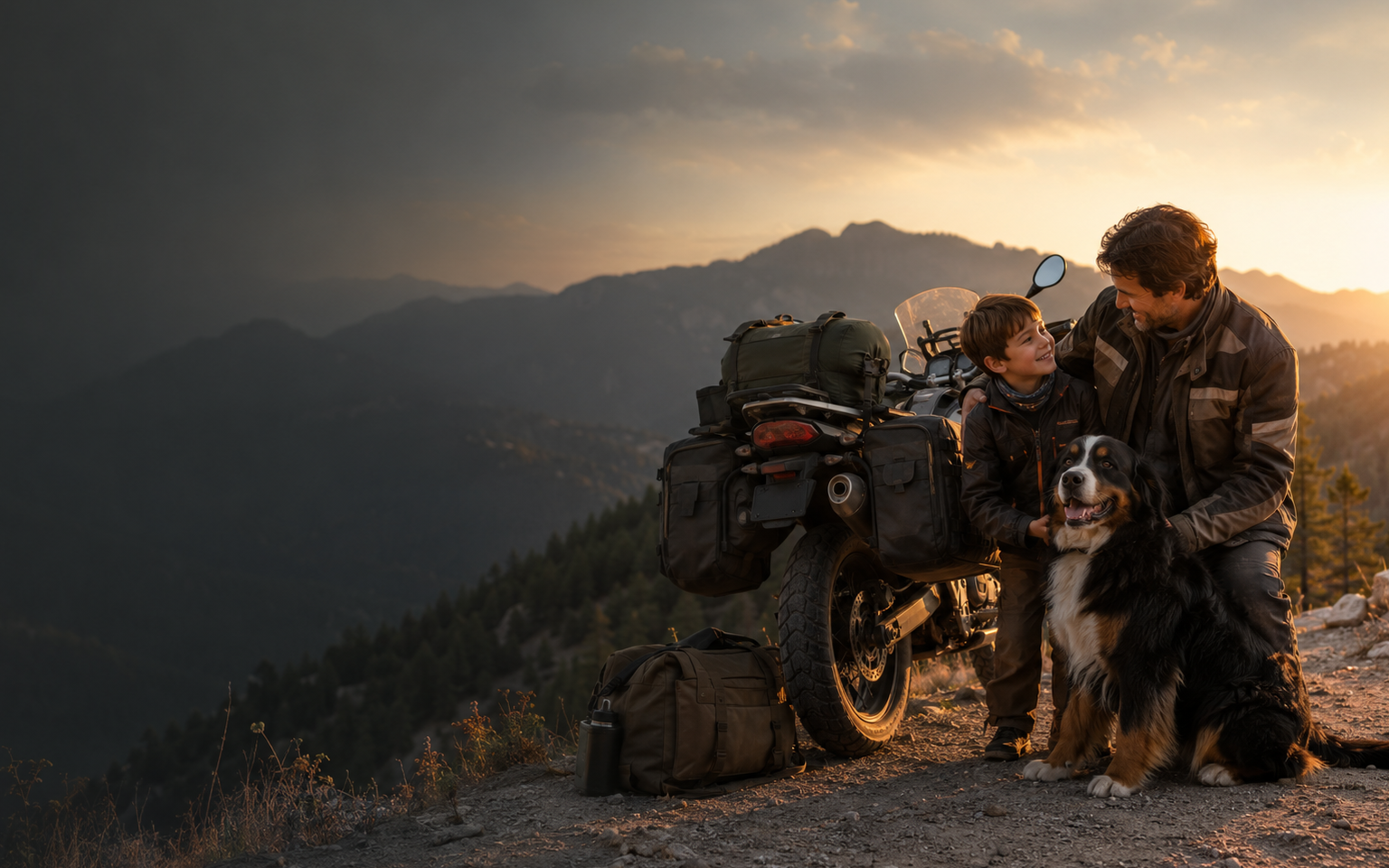 Padre, hijo y Boyero de Berna compartiendo una pausa junto a su motocicleta en la montaña