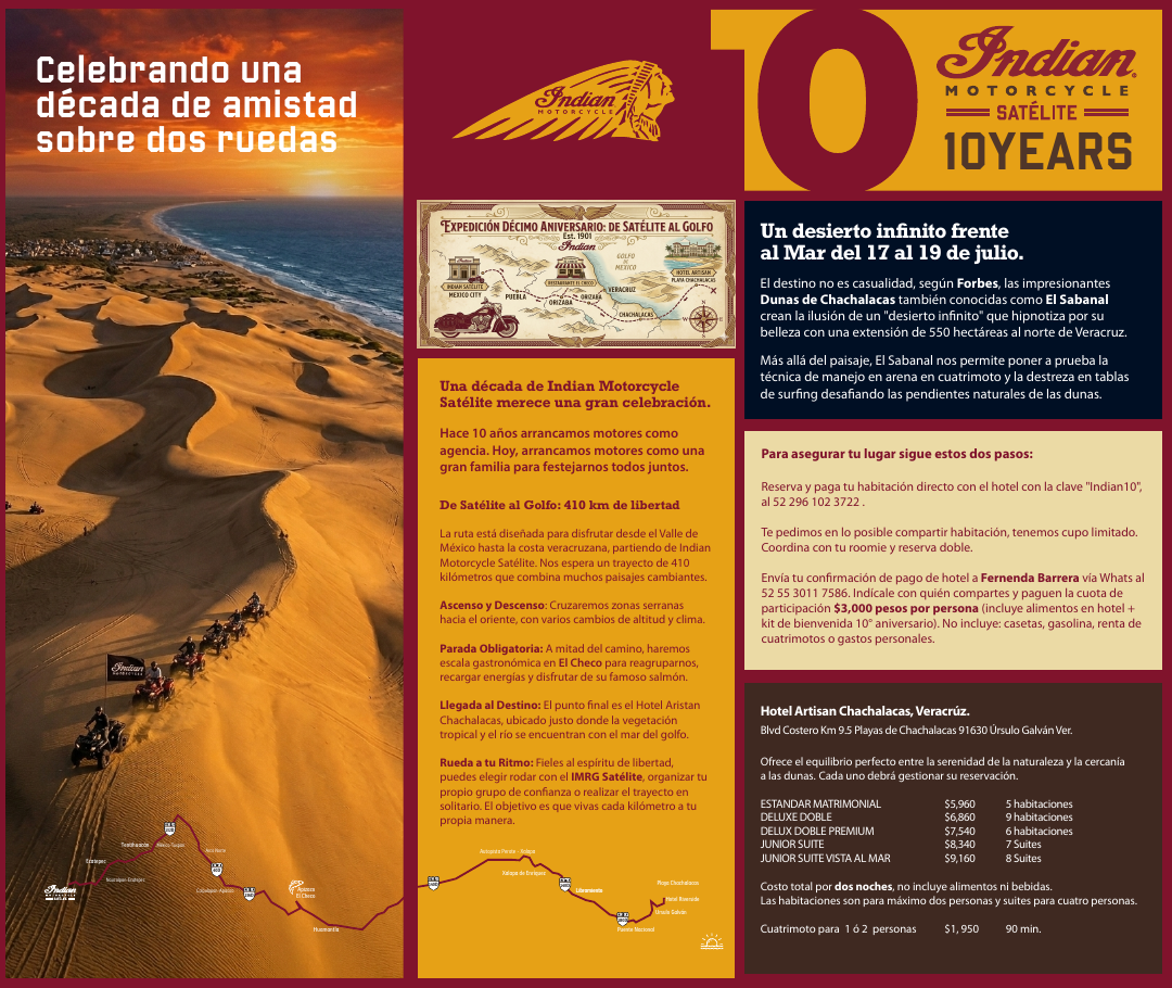 Información del décimo aniversario de Indian Motorcycle Satélite en Chachalacas